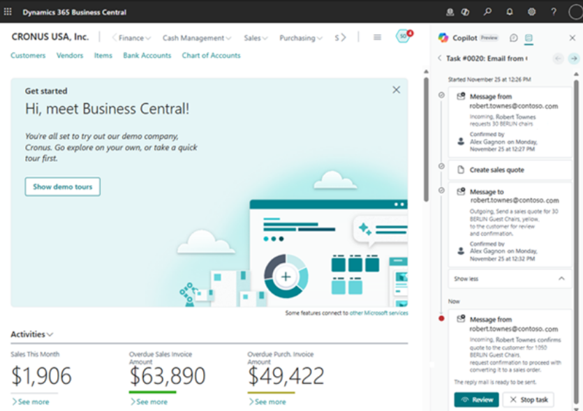 Agentens uppgiftsvy vid sidan av startsidan i Microsoft Dynamics 365 Business Central
